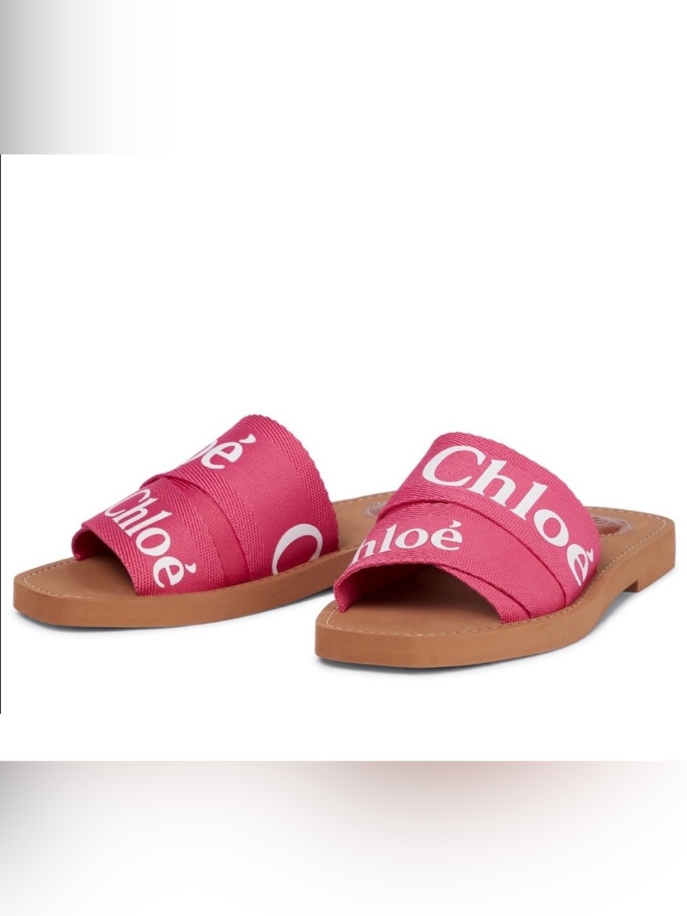 Chloe Woody Logo Pink Canvas Crossover Strap Size 38 Slide Sandals Italy